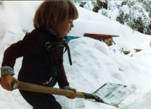 Yeshen shovelling snow, 82